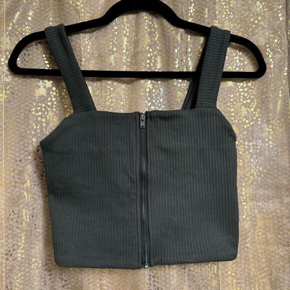 Aerie Dark Gray Ribbed Square Neck Zip Up Cropped Athletic Top Medium - Picture 1 of 4